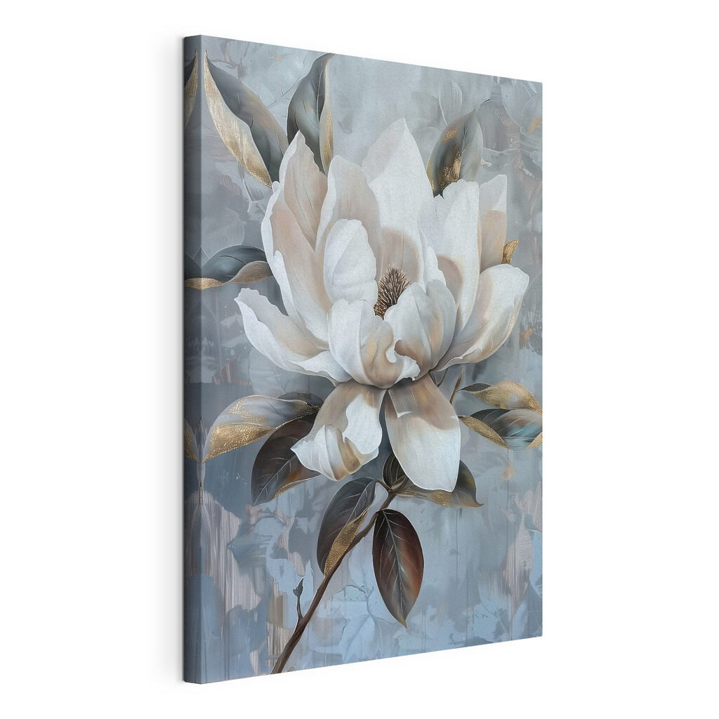 Fiore bianco, bande blu, tela tesa e bordo avvolto