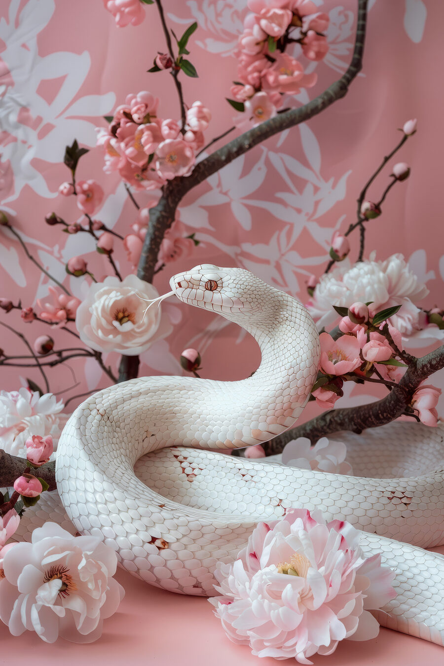 Serpente tra fiori rosa — design completo
