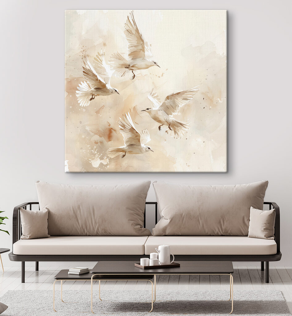 Colombe tra pennellate chiare — ambiente 2
