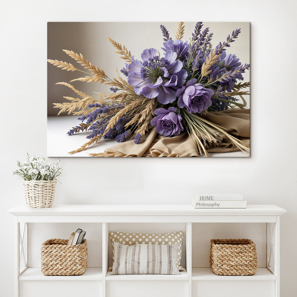 Bouquet viola con graminacee in un ambiente