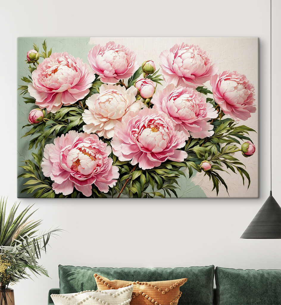 Peonie con boccioli verdi in un ambiente