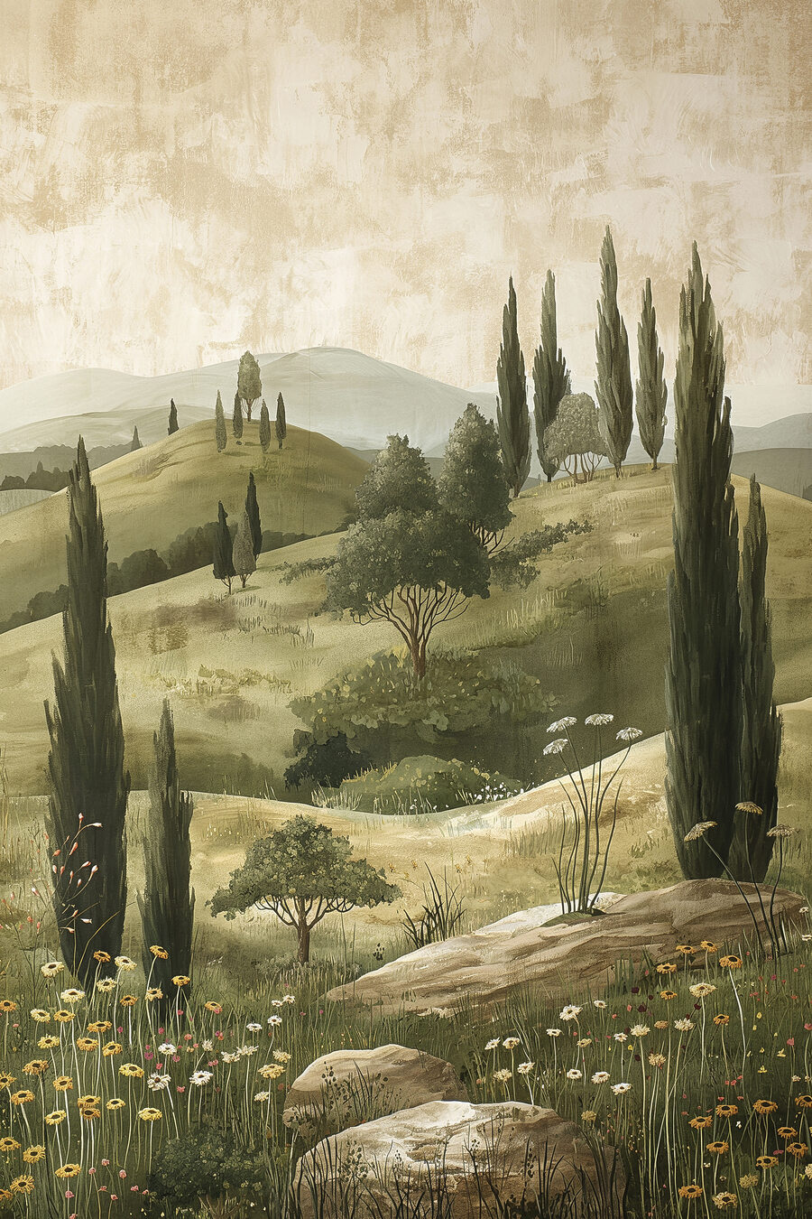Cipressi e sentiero fiorito — design completo