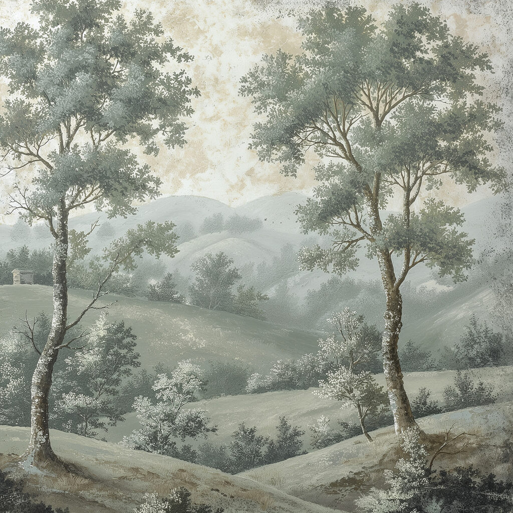 Due alberi, colline nebbiose — design completo