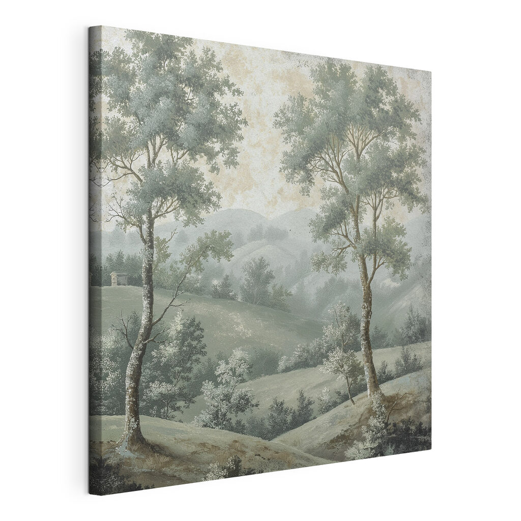 Due alberi, colline nebbiose, tela tesa e bordo avvolto
