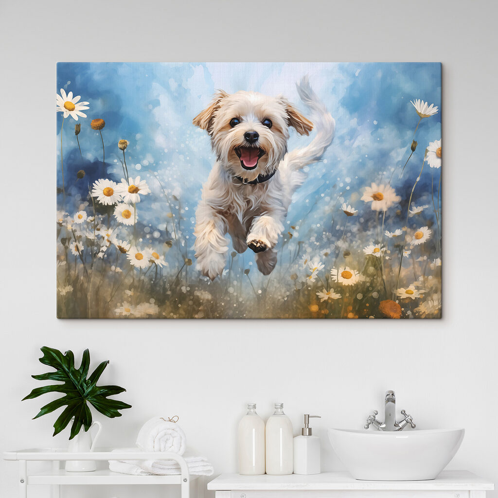 Cagnolino tra i fiori in un ambiente