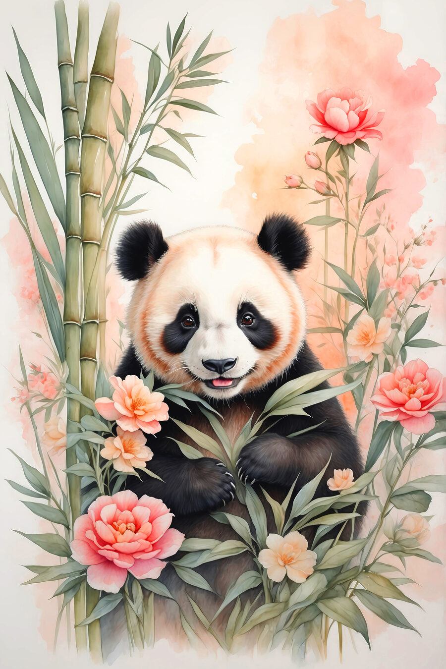 Panda tra fiori rosa — design completo