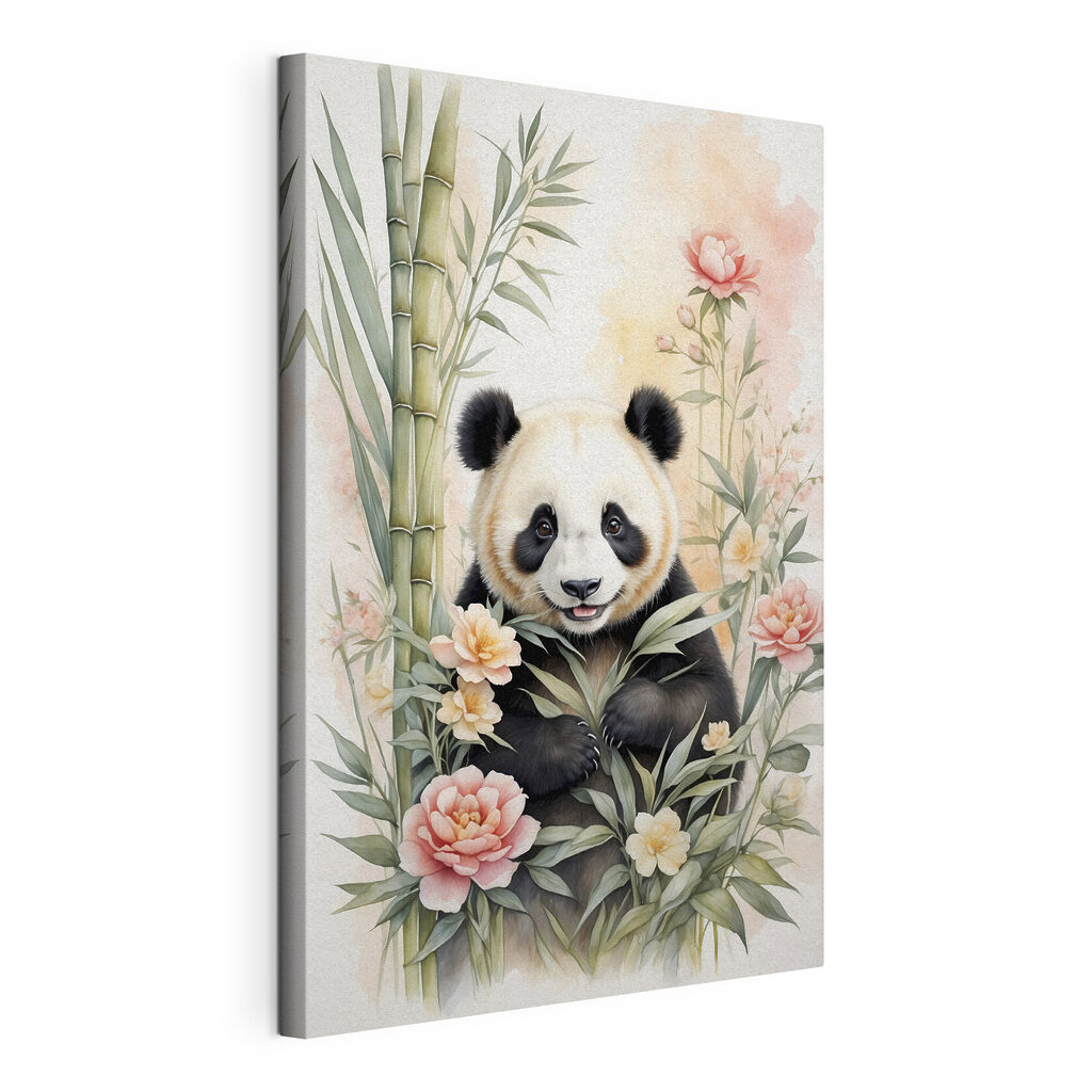 Panda tra fiori rosa, tela tesa e bordo avvolto
