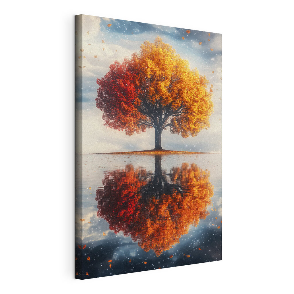 Albero d’autunno riflesso, tela tesa e bordo avvolto