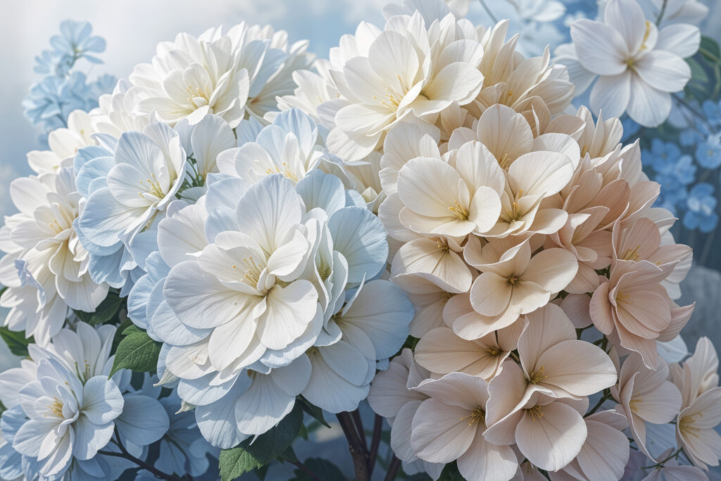 Ortensie bianche su blu — design completo