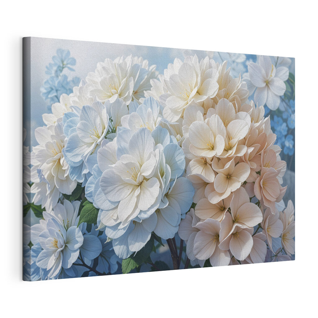 Ortensie bianche su blu, tela tesa e bordo avvolto
