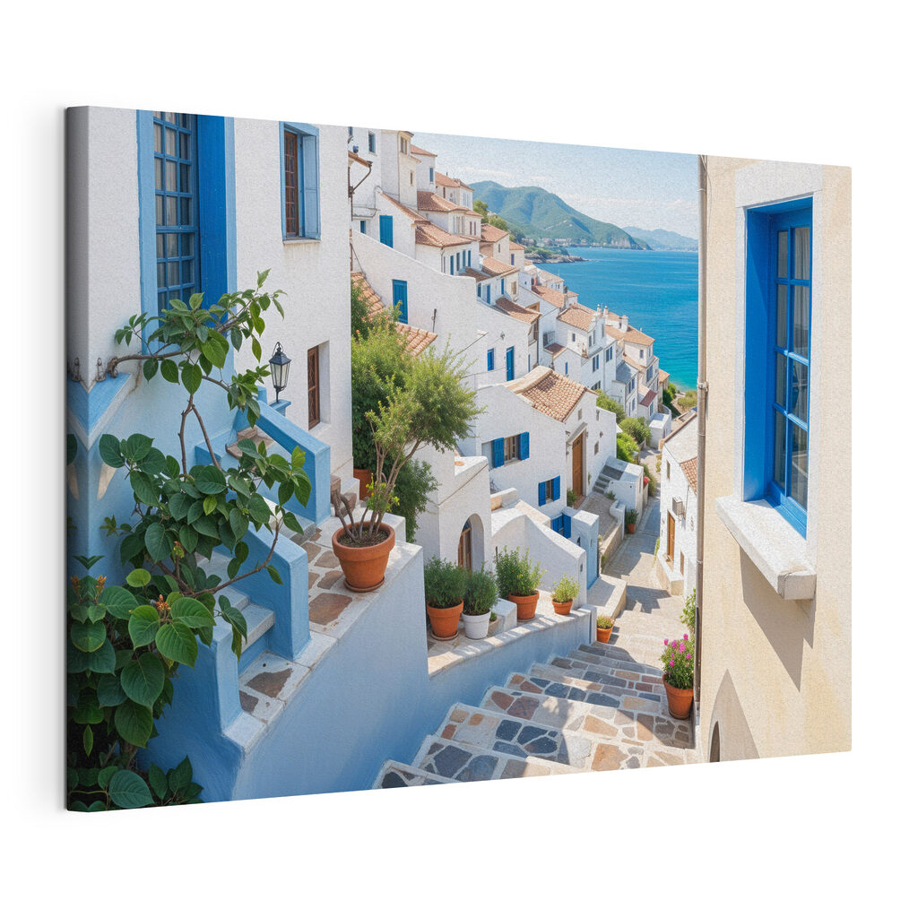 Vicoli bianchi, porte blu, tela tesa e bordo avvolto