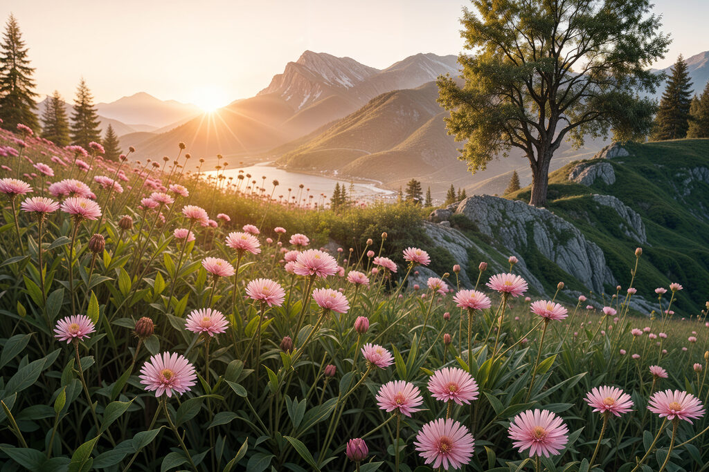Fioritura rosa sopra l’acqua — design completo