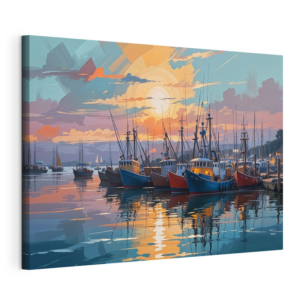 Pescherecci al tramonto, tela tesa e bordo avvolto