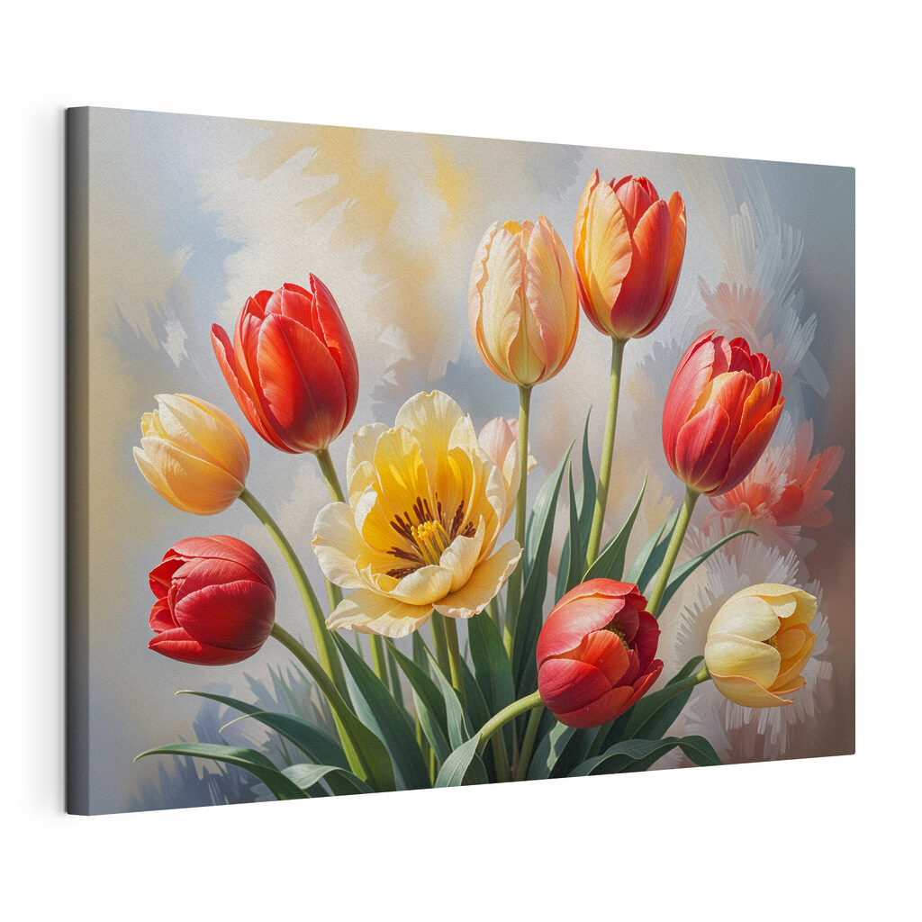 Tulipani nei colori primaverili, tela tesa e bordo avvolto