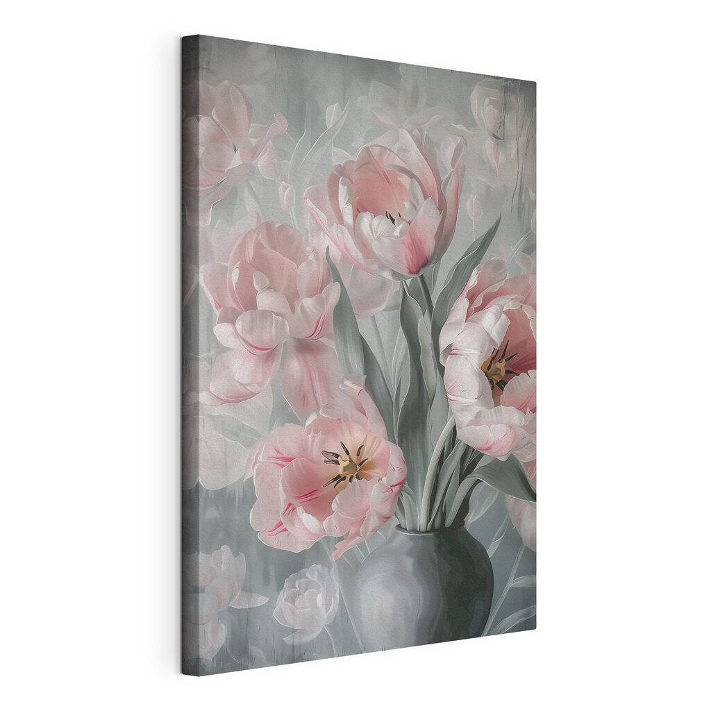 Tulipani rosa in vaso, tela tesa e bordo avvolto