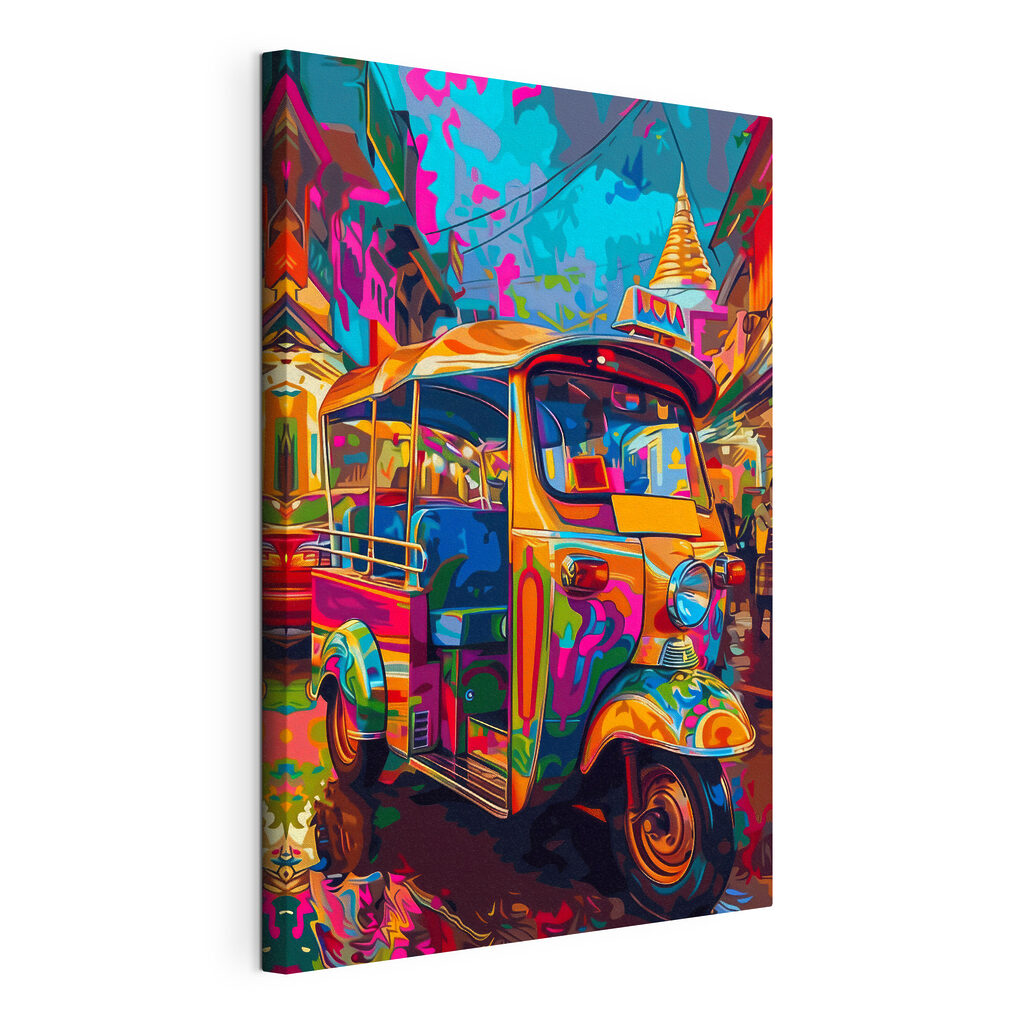 Tuk tuk nei colori, tela tesa e bordo avvolto