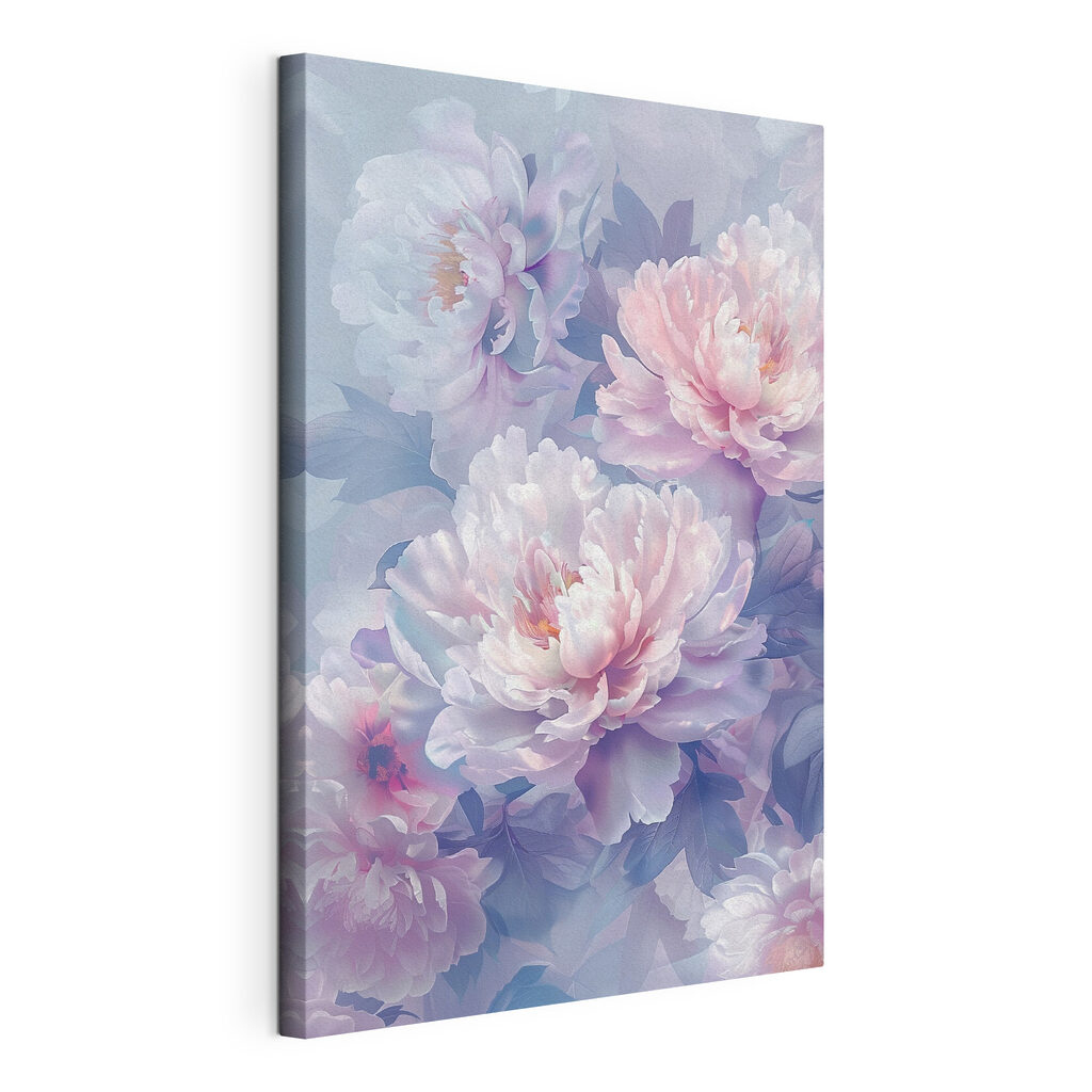 Peonie lilla nella nebbia, tela tesa e bordo avvolto
