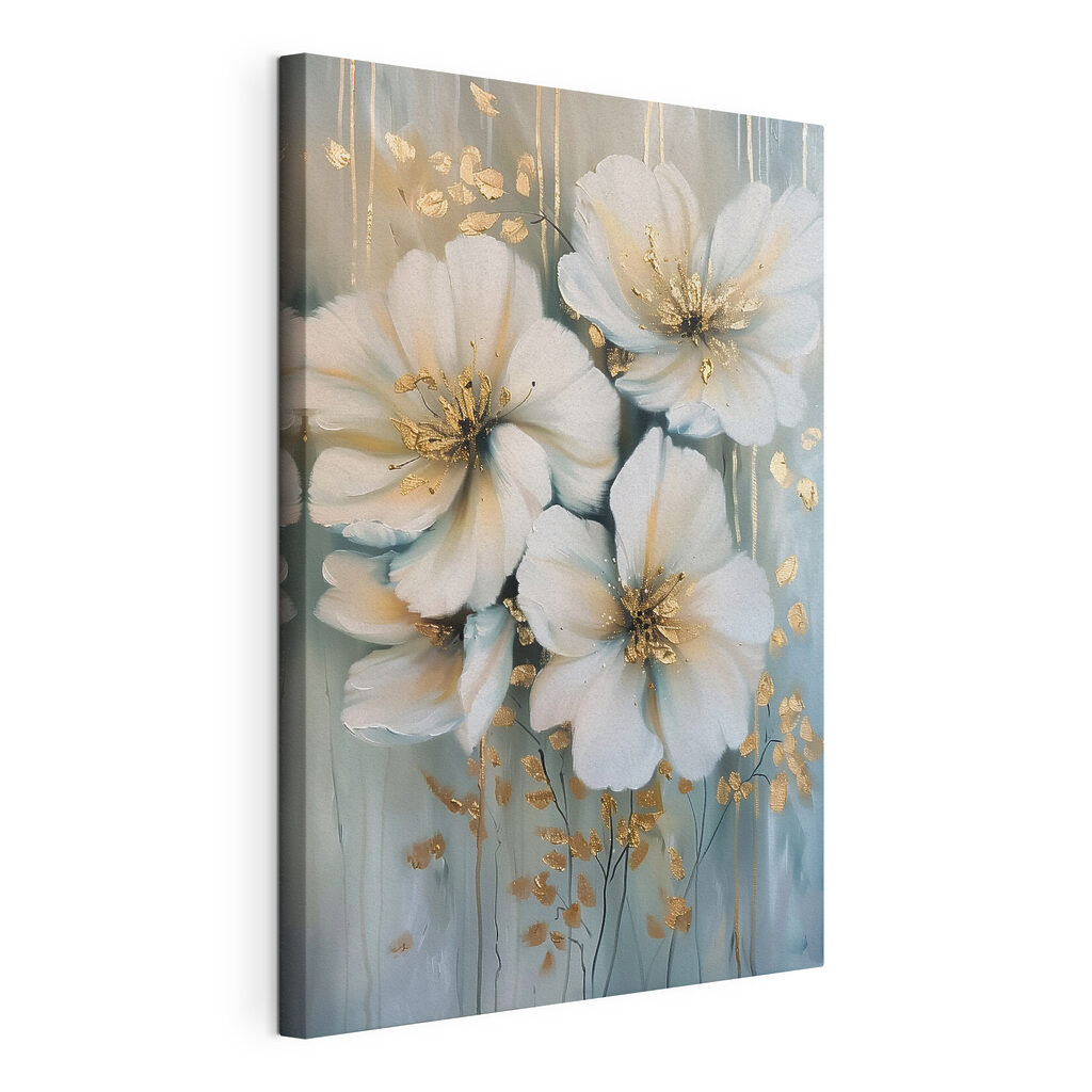 Fiori tra fasce blu, tela tesa e bordo avvolto