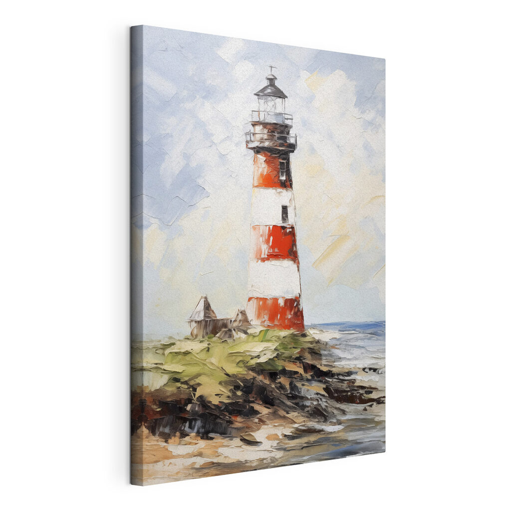 Faro sulla costa rocciosa, tela tesa e bordo avvolto
