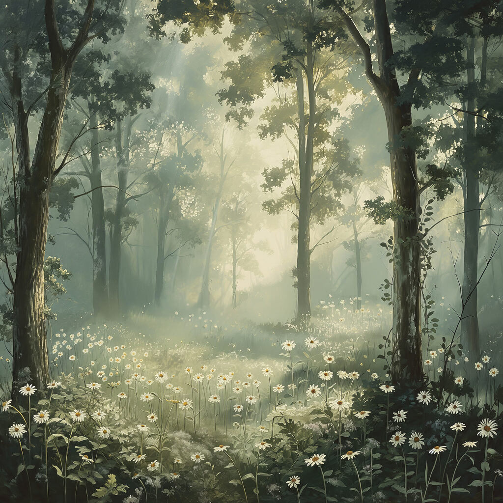 Margherite nel bosco nebbioso — design completo