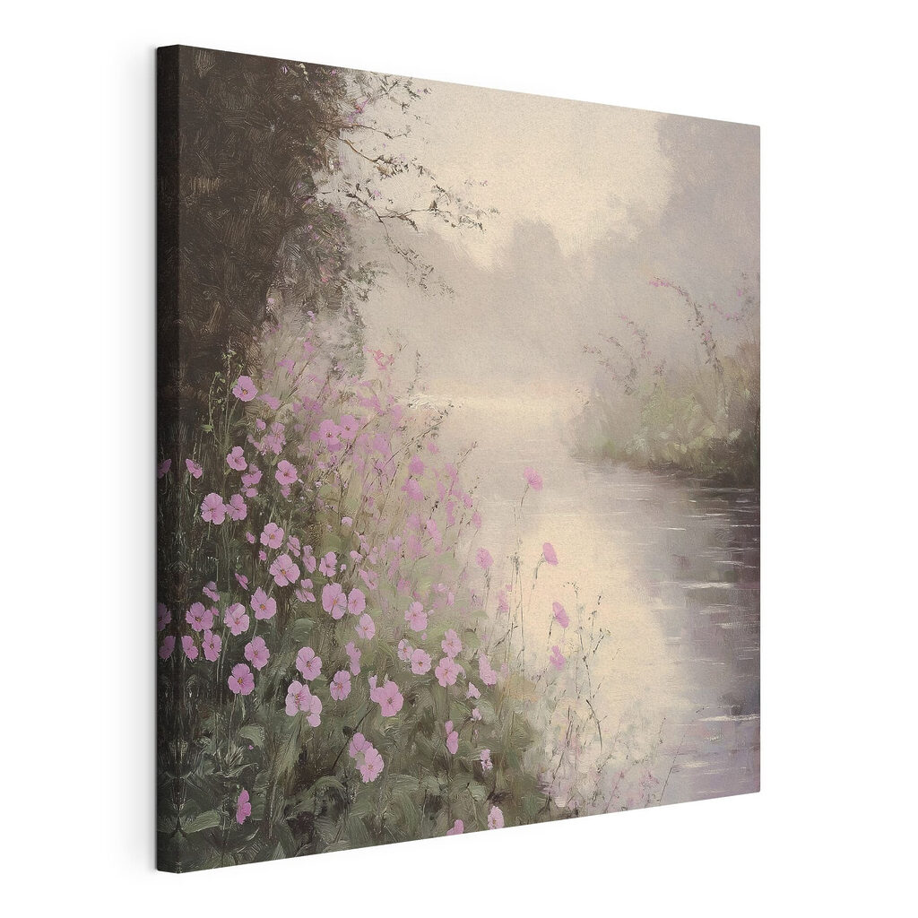 Fiori rosa sul fiume, tela tesa e bordo avvolto