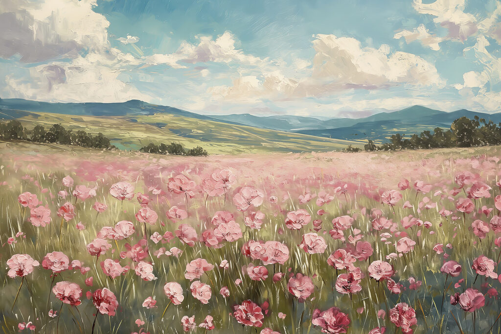 Campo rosa e colline — design completo