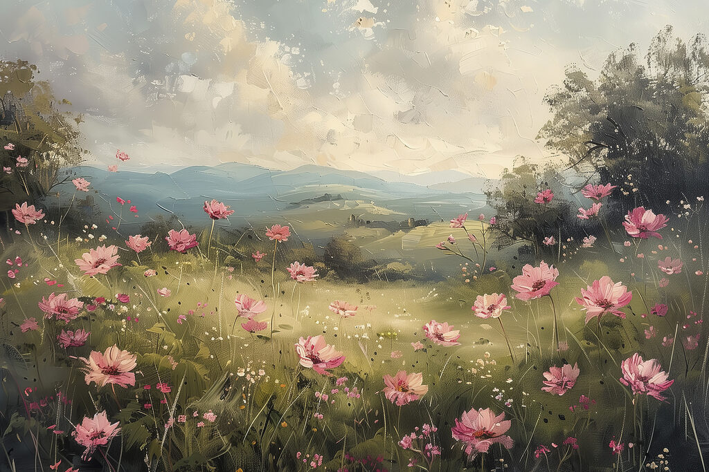 Fiori rosa sulla valle — design completo