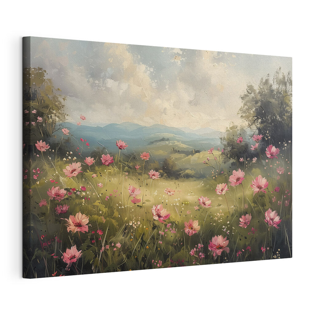 Fiori rosa sulla valle, tela tesa e bordo avvolto