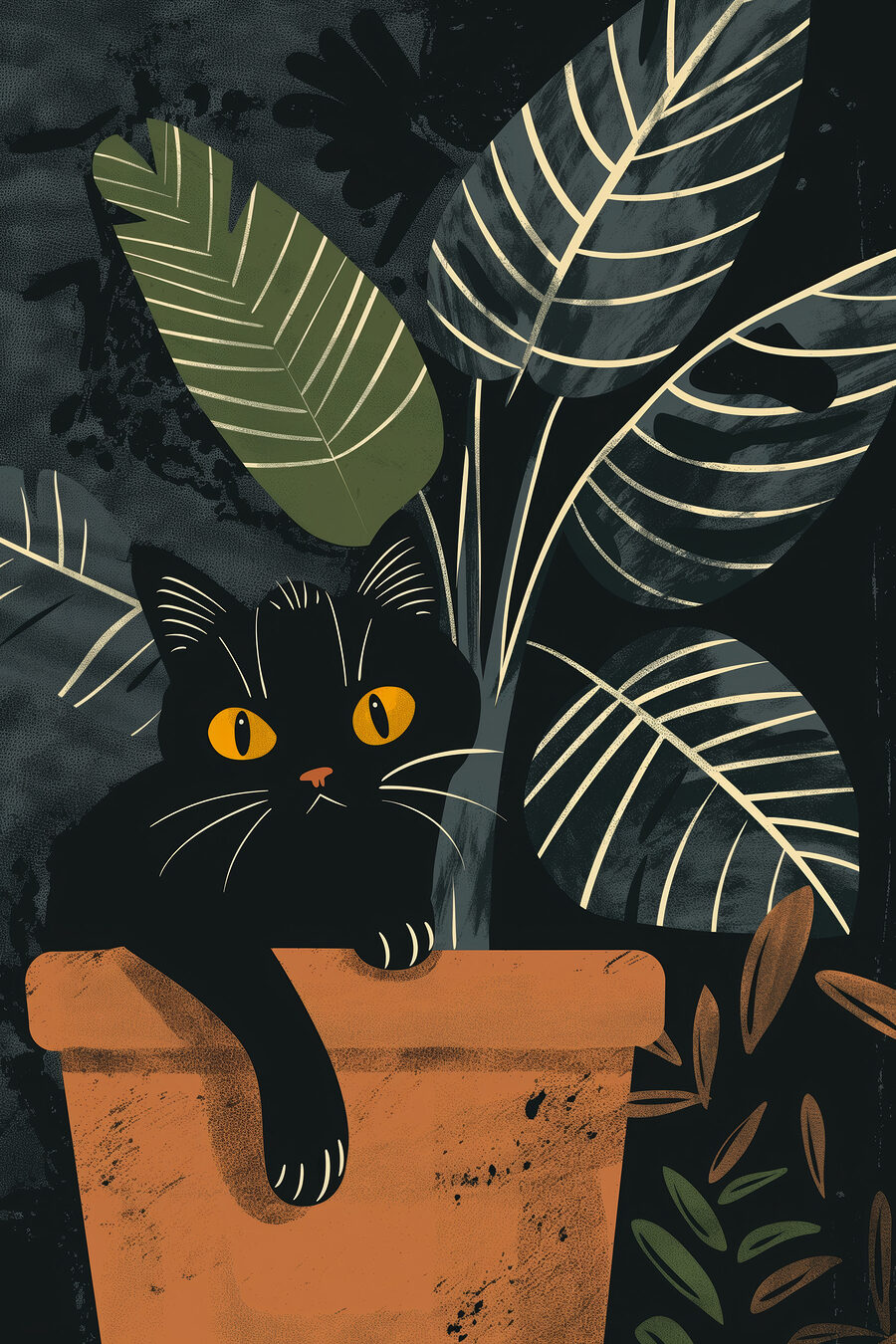 Gatto nero tra foglie — design completo