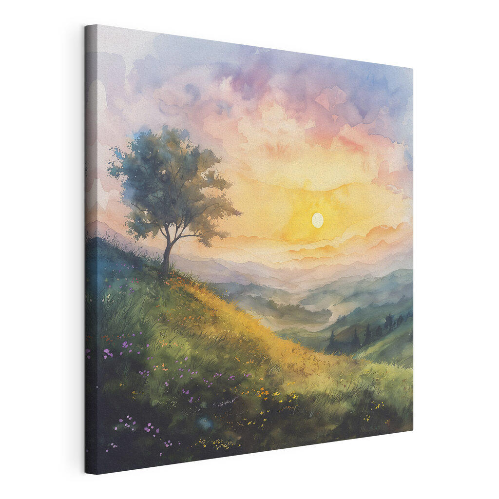Albero all’alba, tela tesa e bordo avvolto