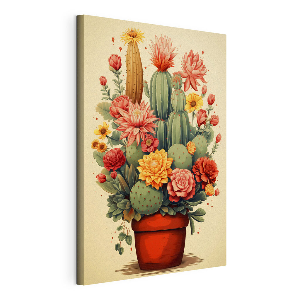 Cactus fiorito in vaso, tela tesa e bordo avvolto