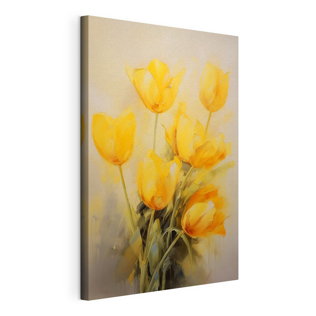 Tulipani gialli ad acquerello, tela tesa e bordo avvolto