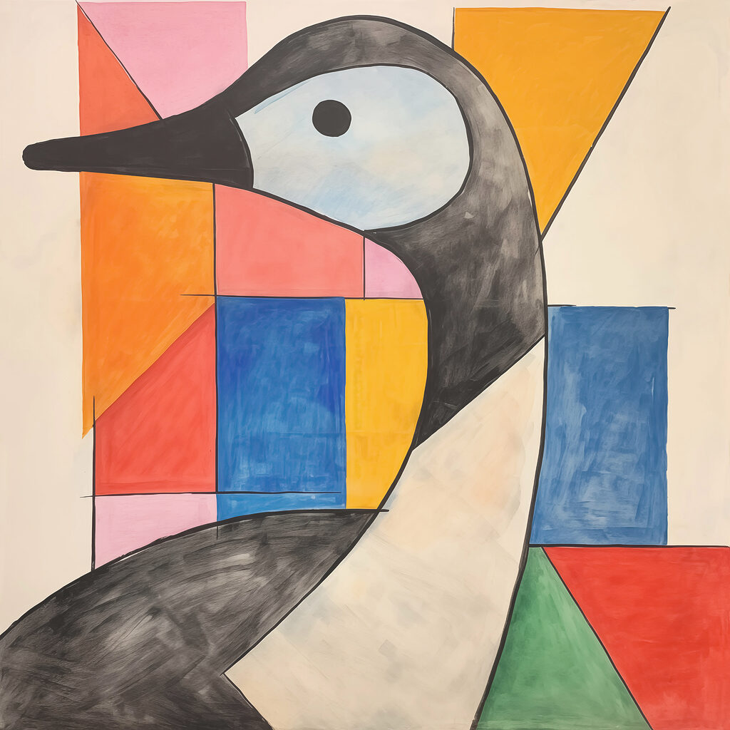 Uccello tra quadrati colorati — design completo