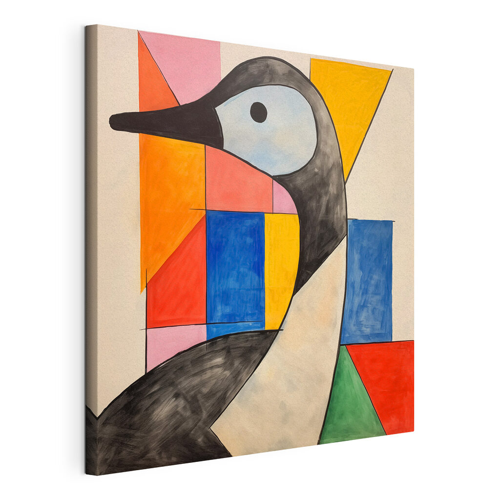 Uccello tra quadrati colorati, tela tesa e bordo avvolto