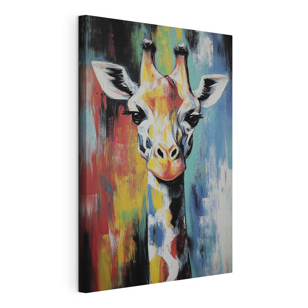 Giraffa tra pennellate colorate, tela tesa e bordo avvolto