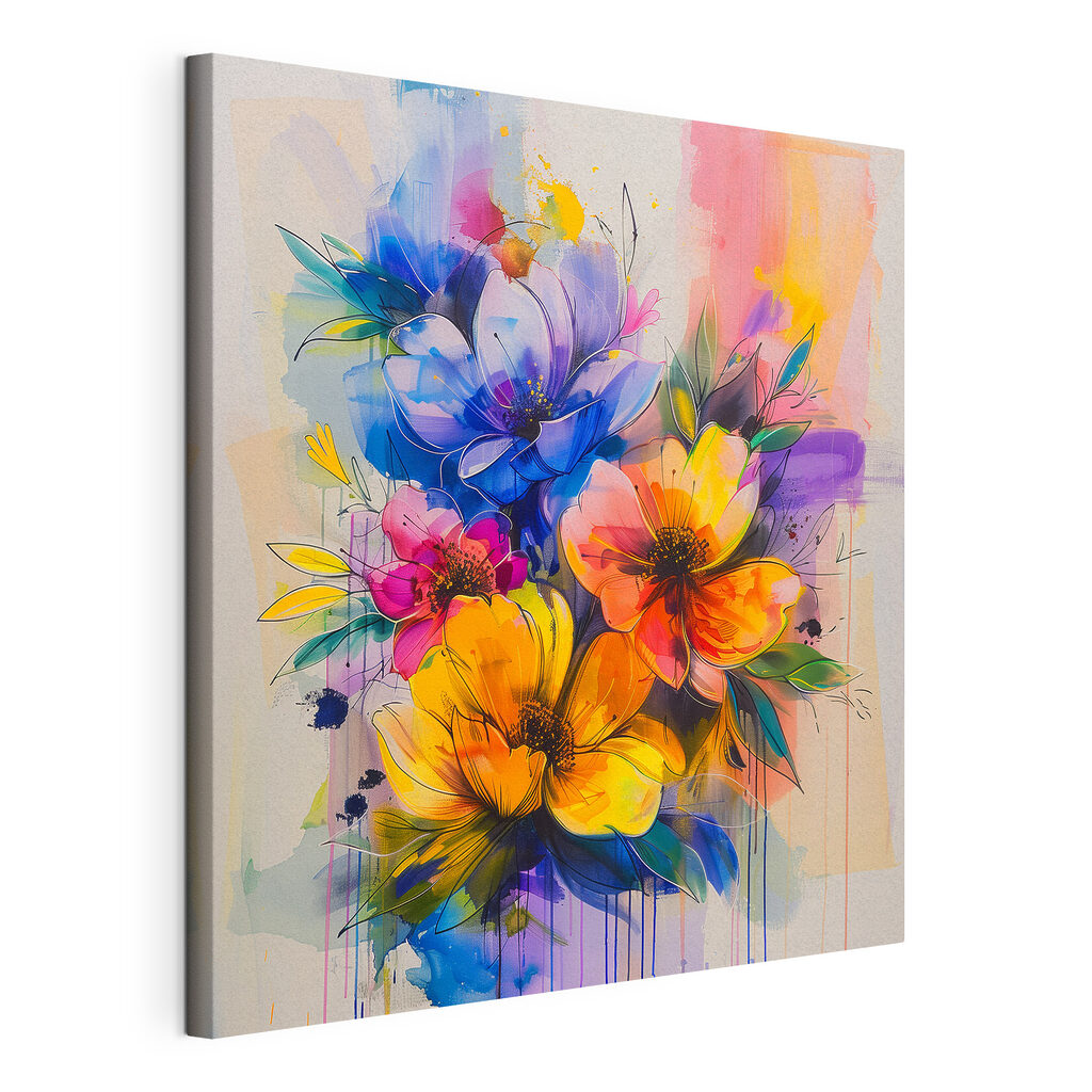 Fiori blu negli schizzi, tela tesa e bordo avvolto