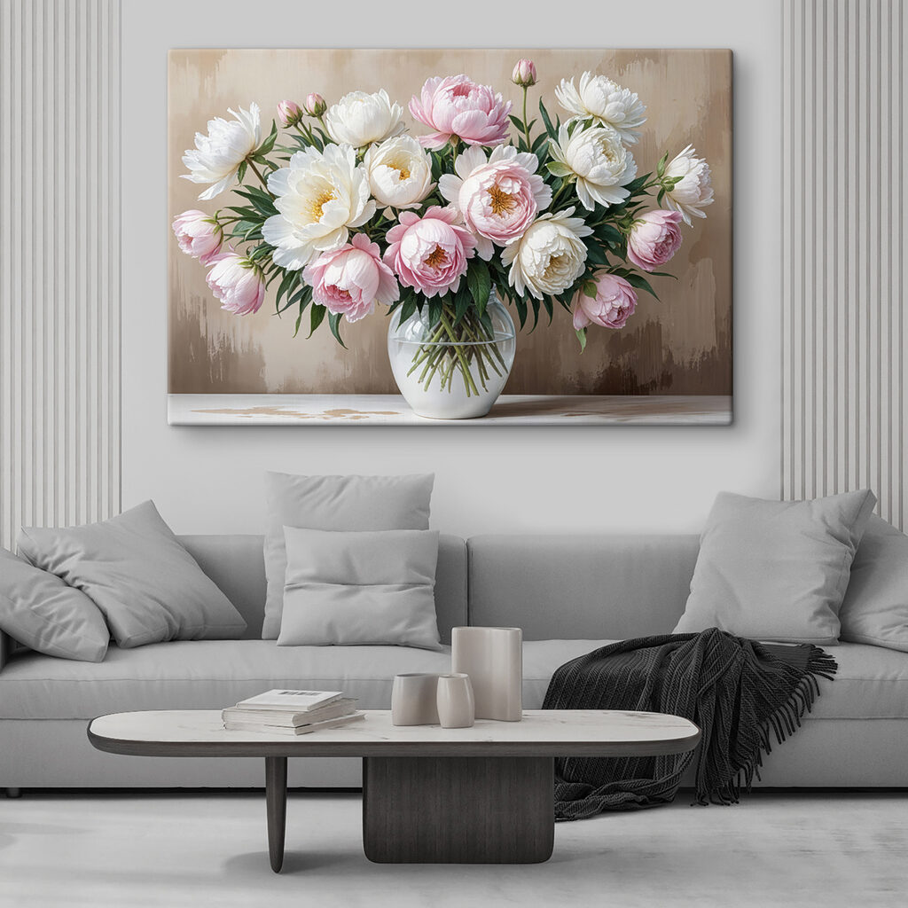 Peonie in vaso chiaro in un ambiente