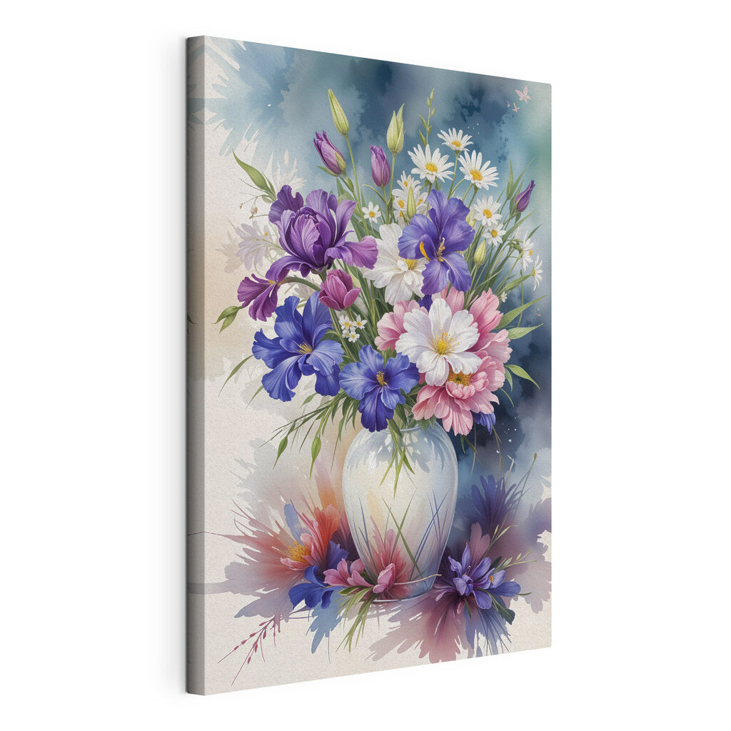 Bouquet viola alla luce, tela tesa e bordo avvolto