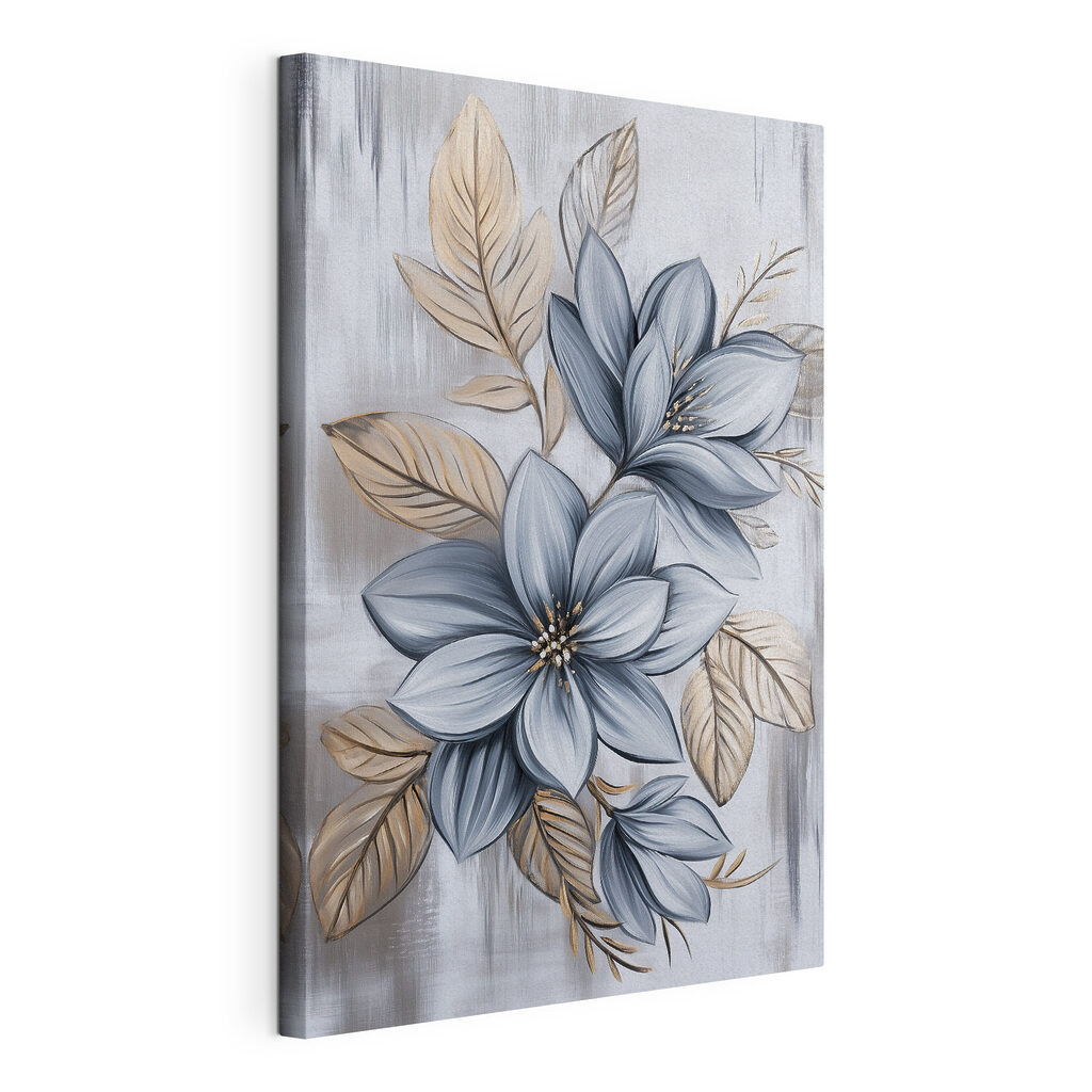 Fiori blu tra foglie, tela tesa e bordo avvolto