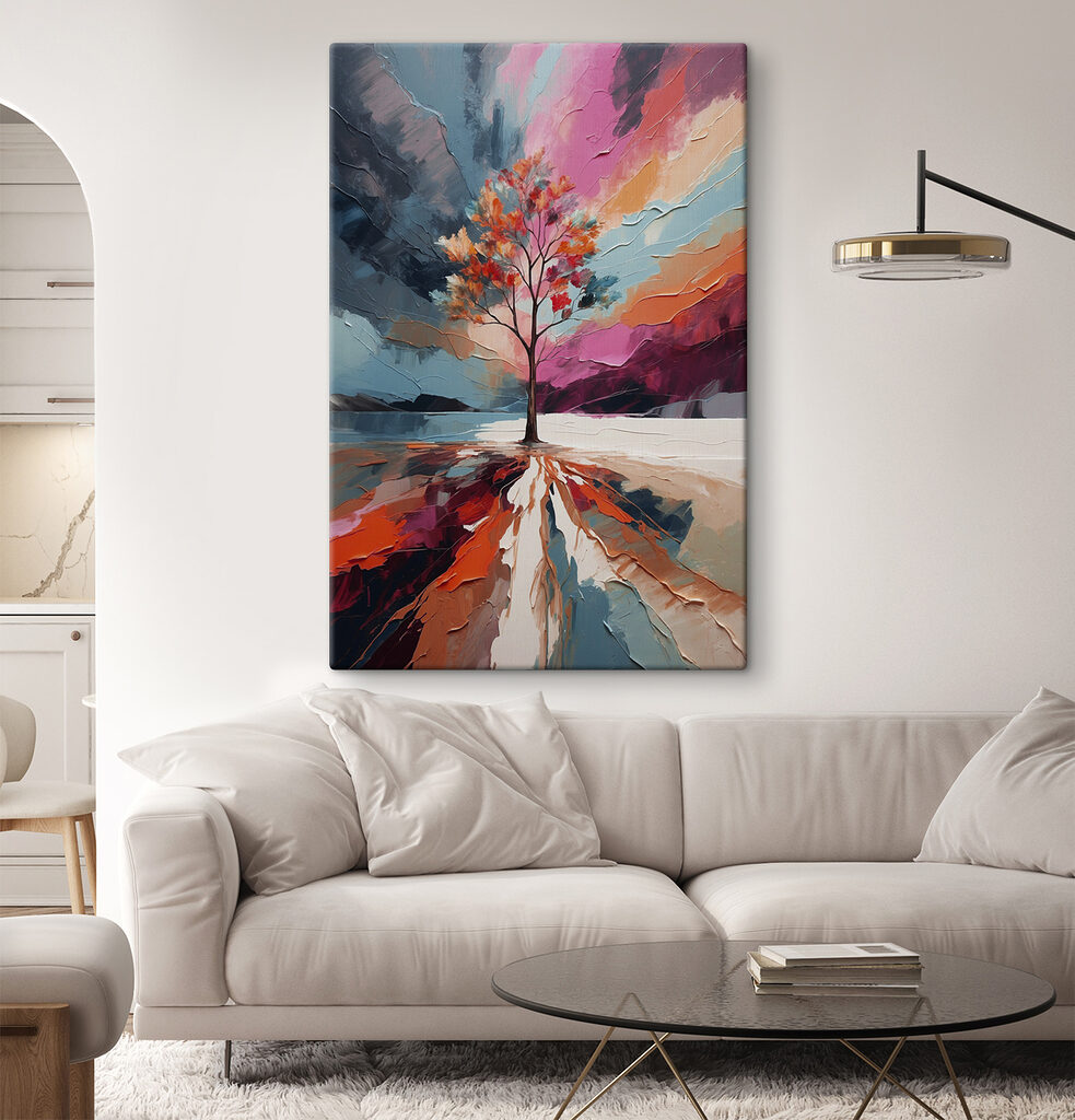 Albero tra pennellate colorate — ambiente 3