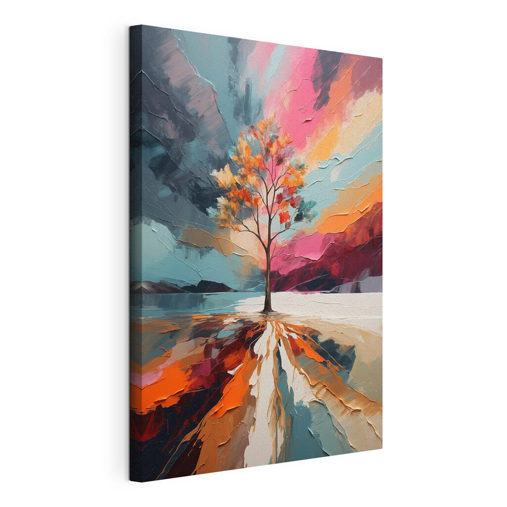 Albero tra pennellate colorate, tela tesa e bordo avvolto