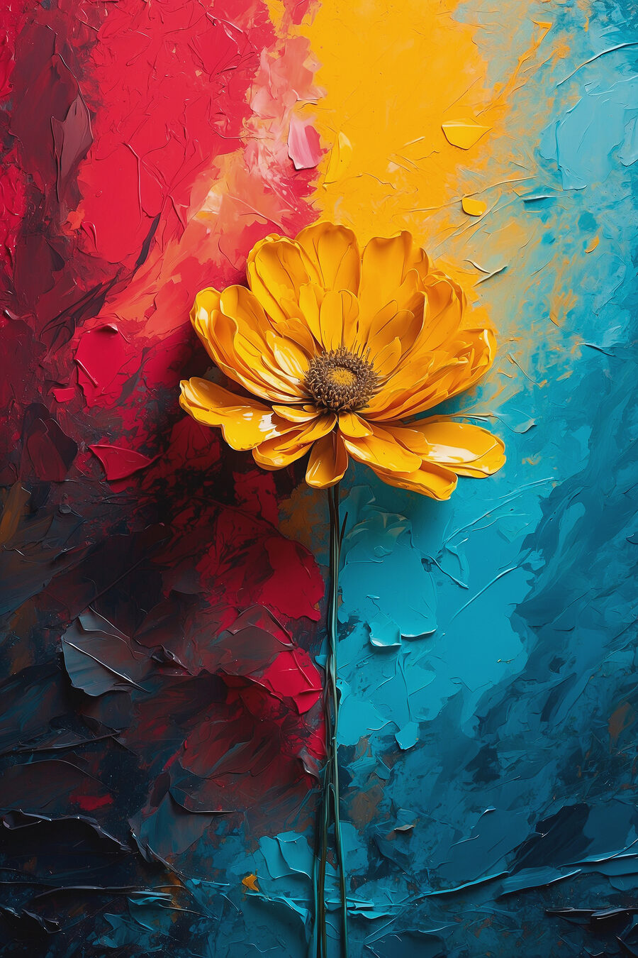 Fiore giallo tra pennellate — design completo