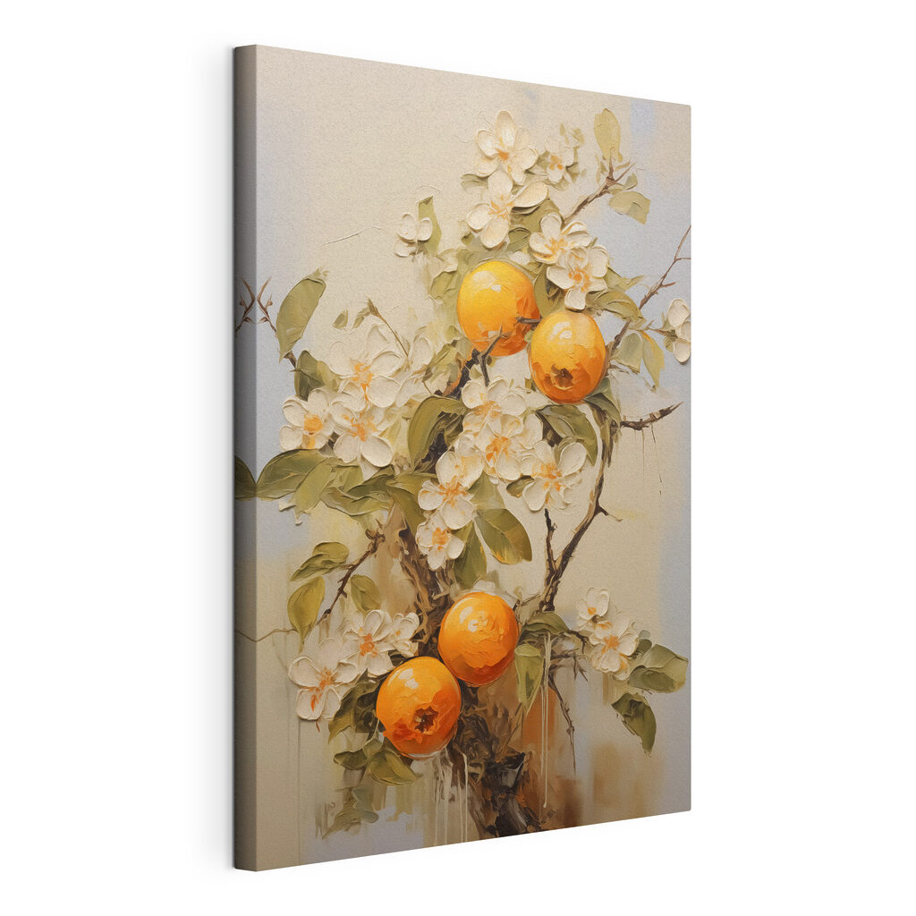 Arance tra fiori bianchi, tela tesa e bordo avvolto