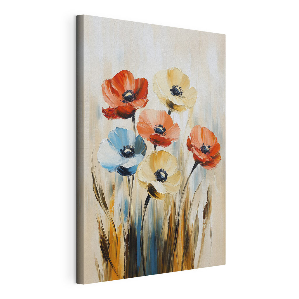 Fiori tra steli blu, tela tesa e bordo avvolto