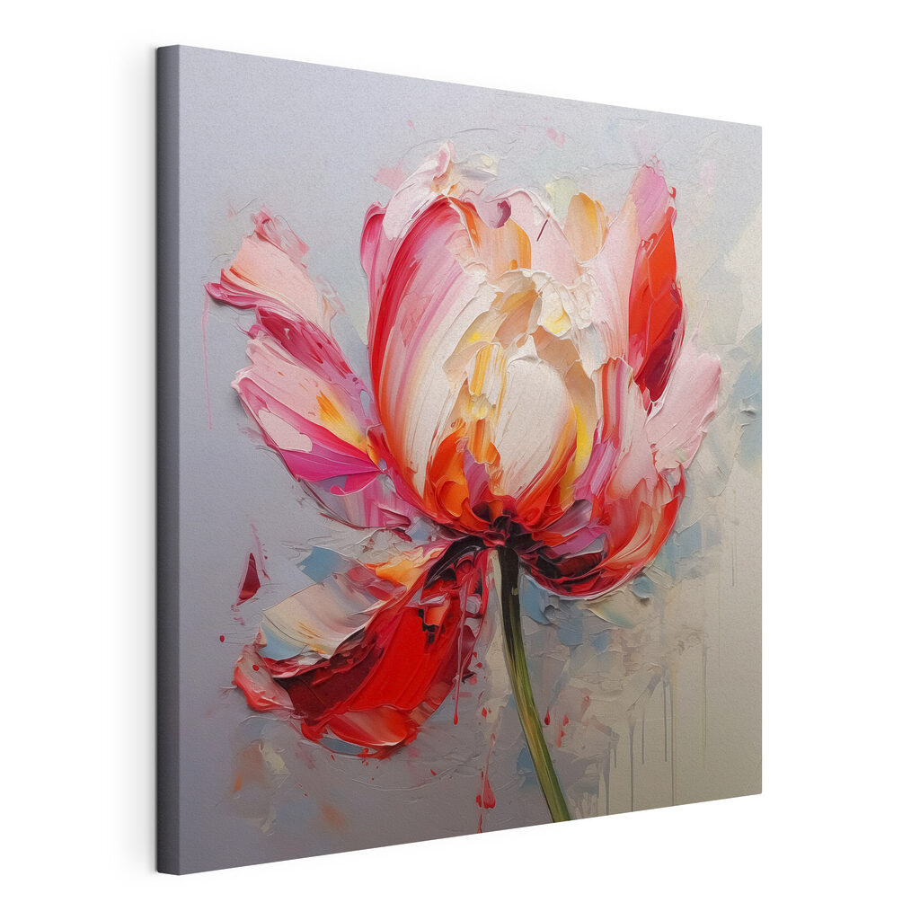 Tulipano in pennellate rosa, tela tesa e bordo avvolto