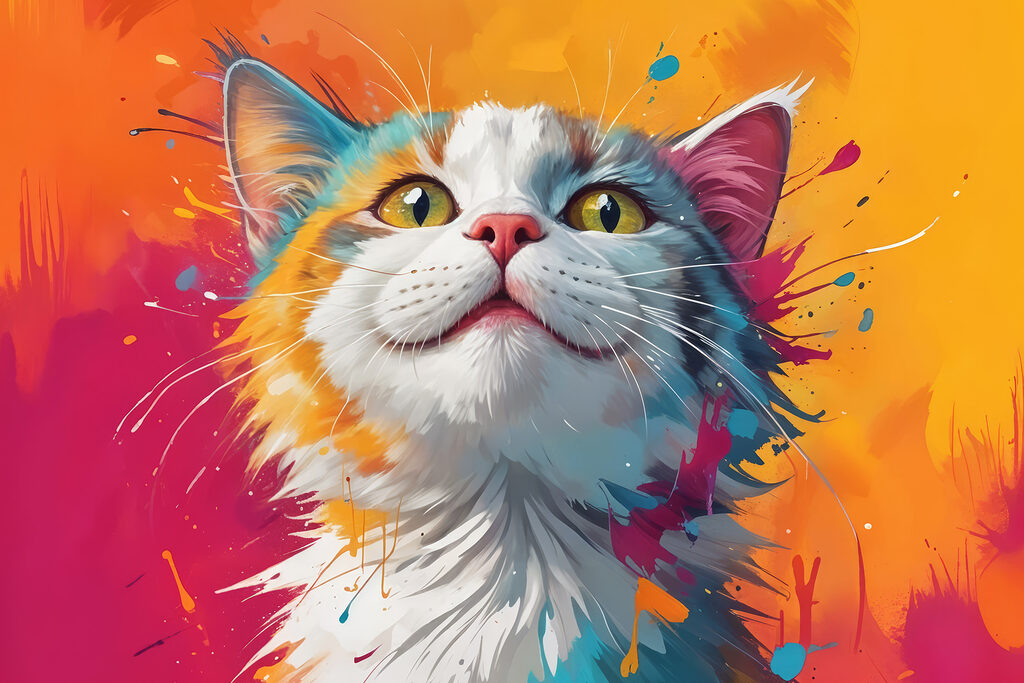 Gatto tra schizzi colorati — design completo