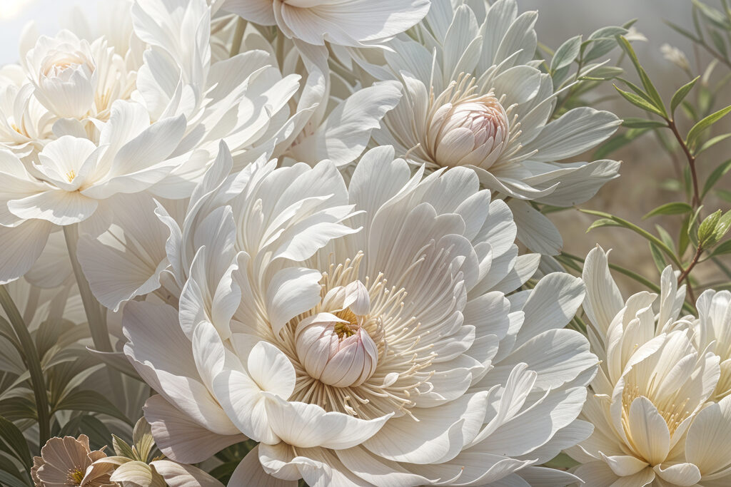 Peonie bianche su grigioverde — design completo