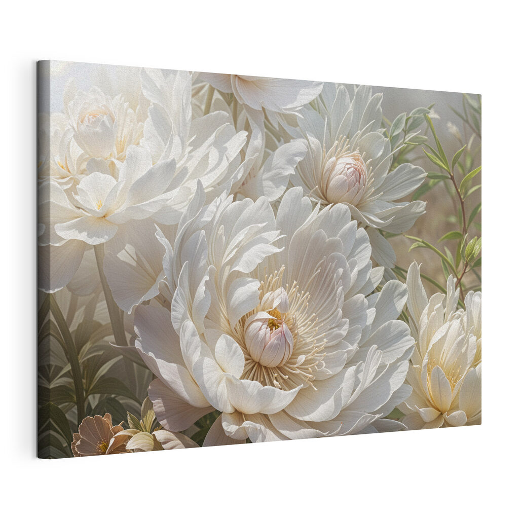 Peonie bianche su grigioverde, tela tesa e bordo avvolto