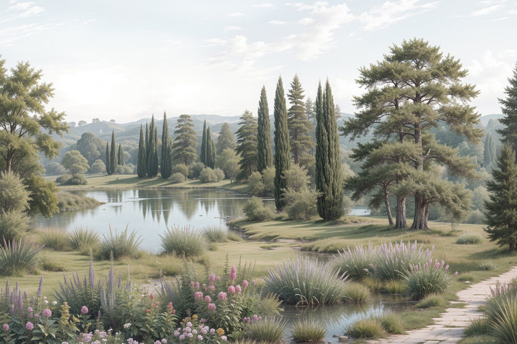 Cipressi sul laghetto — design completo