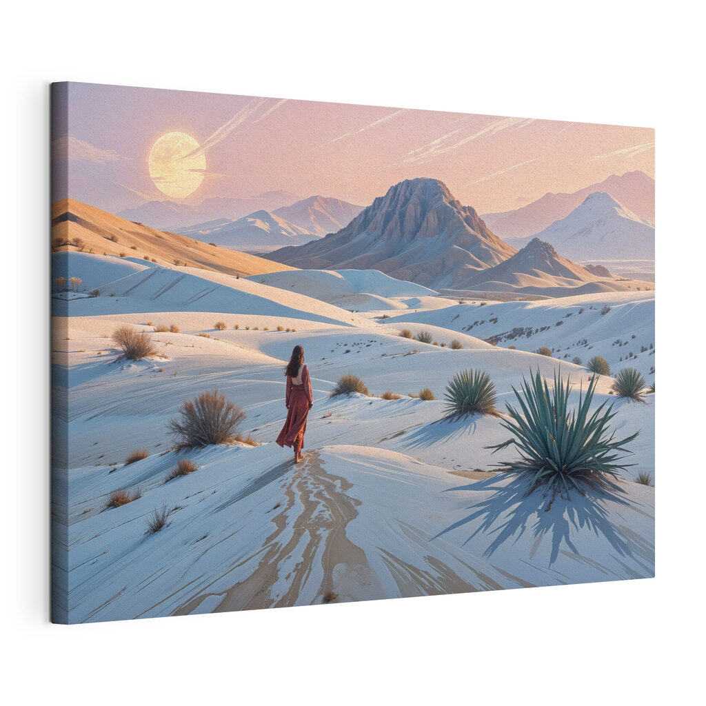 Orme nel deserto pallido, tela tesa e bordo avvolto